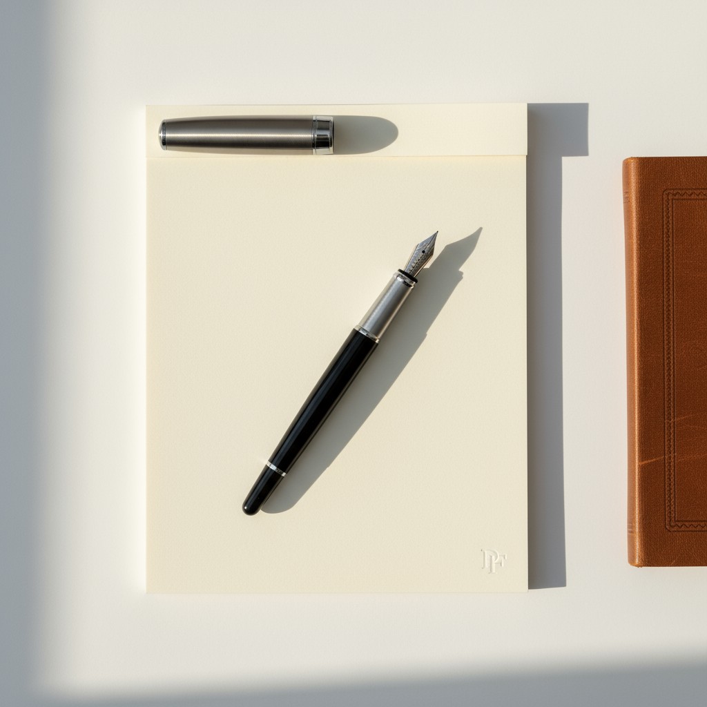 [Top-down view of a fountain pen, notebook, and leather journal] No alt-text.