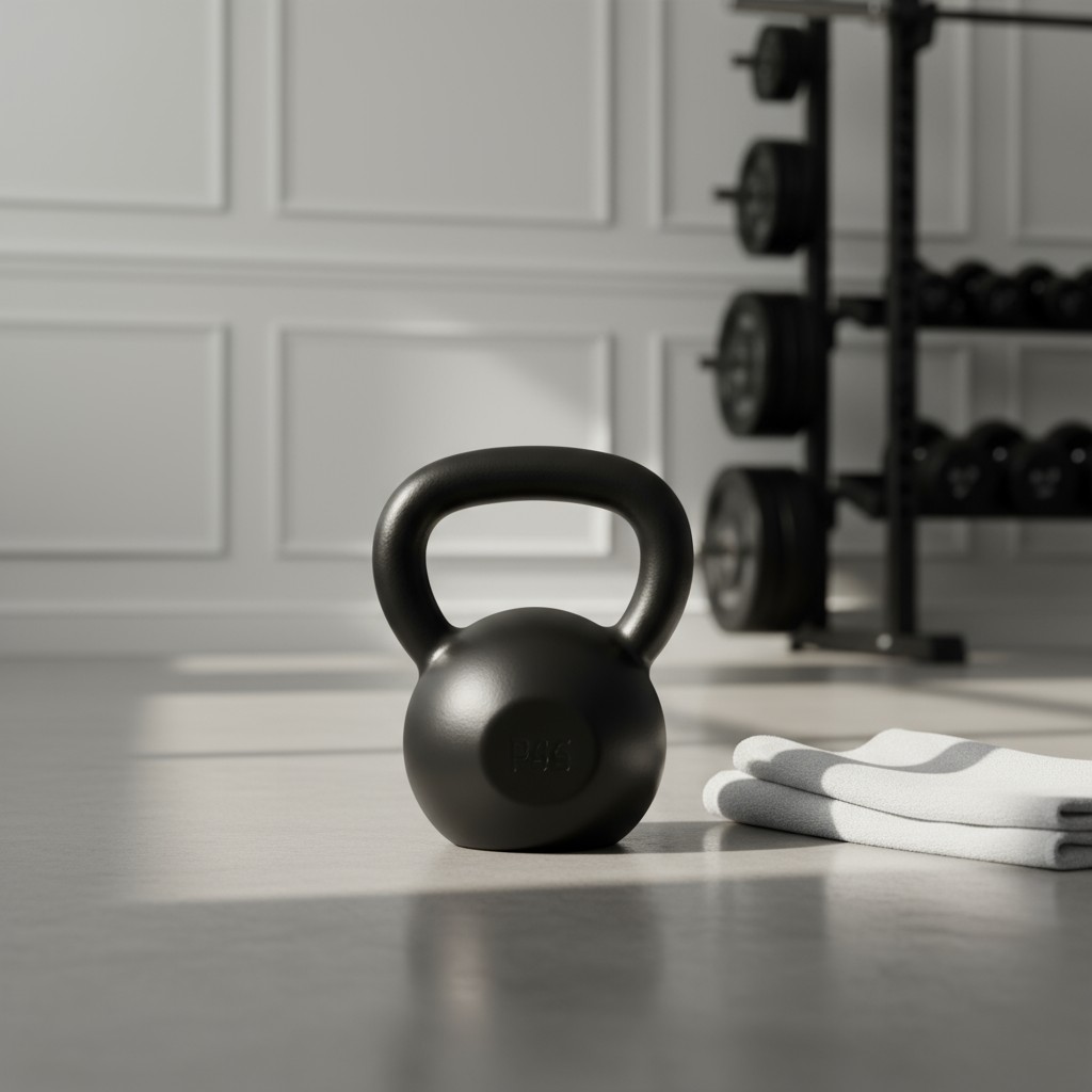 The image depicts a kettlebell and running shoes in front of a wall containing storage. alt text: A monochrome image of a ...