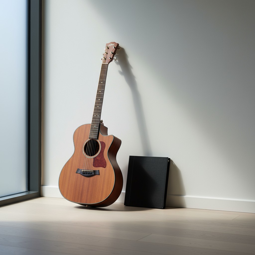 An acoustic guitar leaning against a wall next to a speaker, with sunlight illuminating it.